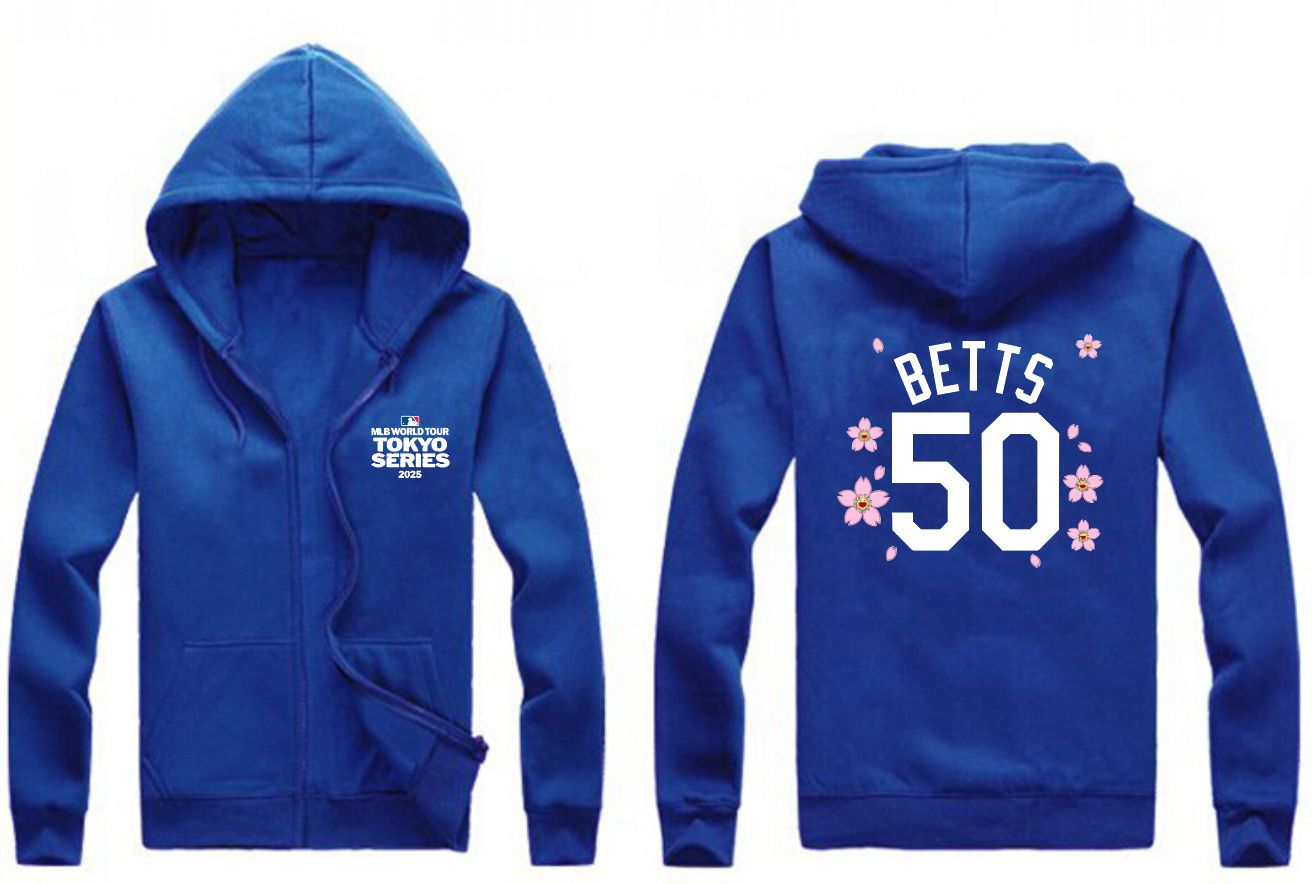 Men Los Angeles Dodgers #50 Betts Blue Zipper hoodie 2025 MLB Jersey style 1